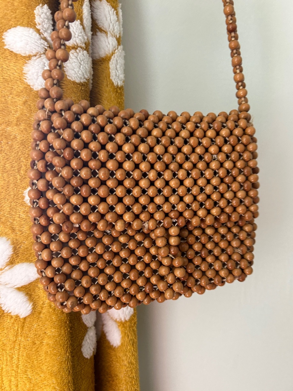 Vintage 1970 Hand Beaded Brown Wooden Bead Bag Made In Japan Shoulder Bag